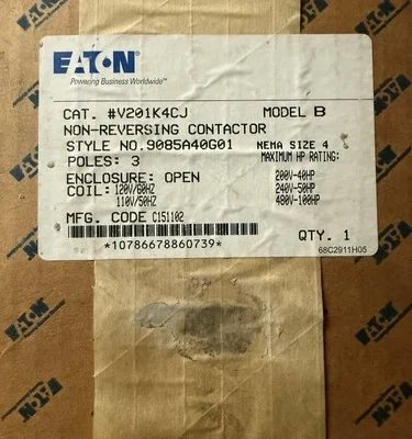 NEW EATON V201K4CJ NON-REVERSING CONTACTOR SIZE 4 MODEL B 3P 9085A40G01 NO BOX