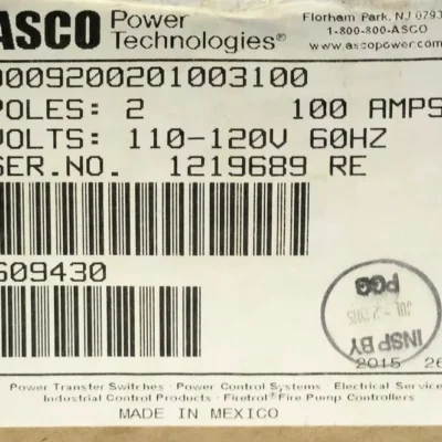 ASCO 00092000201003100 Remote Control Switch Model 920 100 AMP 2 Pole 120 VAC