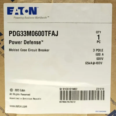 EATON PDG33M0600TFAJ 3 Pole 600 AMP Type PDG3 POWER DEFENSE Circuit Breaker
