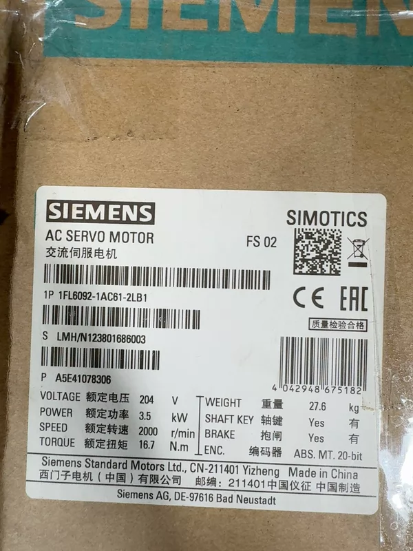 Siemens 1FL6092-1AC61-2LB1 SIMOTICS Servo Motor High Inertia