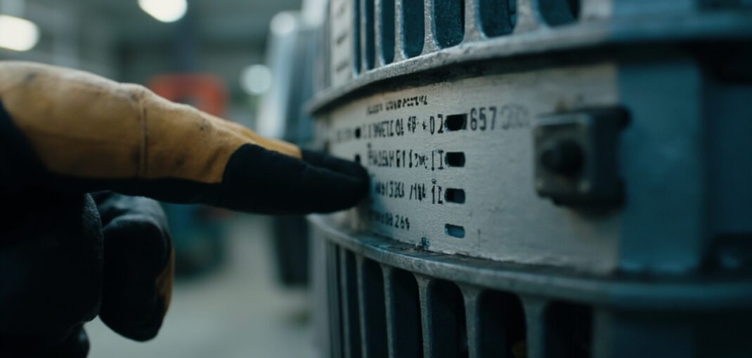 Technician reading an IEC three-phase induction motor nameplate