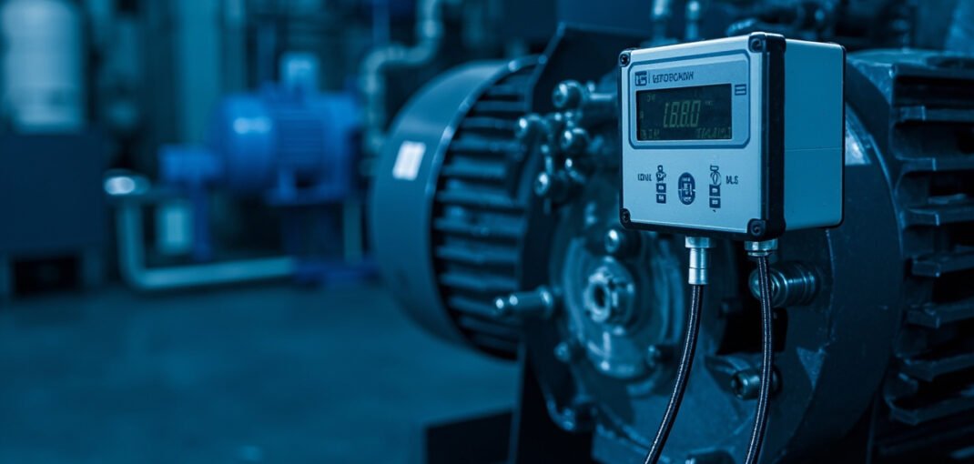 Vibration sensor mounted on industrial motor housing