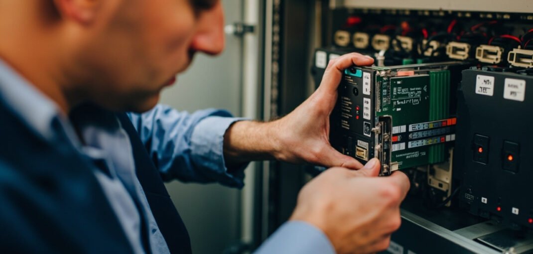 Technician replacing PLC backup battery in control cabinet